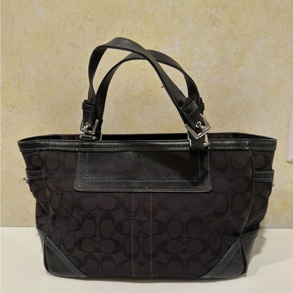 Coach Leatherware 2005 Vintage Signature Jacquard Black Handbag Teal Stitching - Picture 2 of 16